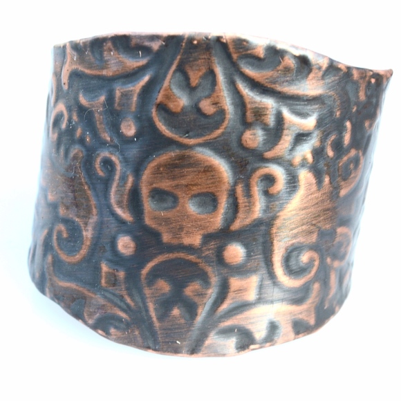Conceptual Subculture Jewelry - Embossed Skull Solid Copper Biker Cuff Bracelet Biker Bohemian Rustic Handmade